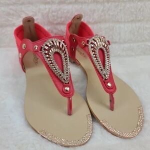 SilverDew Red Gold Tone Ornament Toe Strap Sandal
